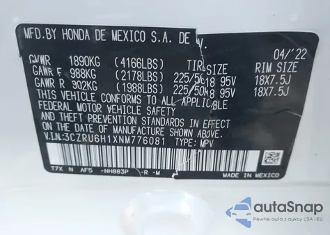 2022 Honda Hr-V Awd Sport z USA, uszkodzony, nr VIN 3CZRU6H1XNM776081